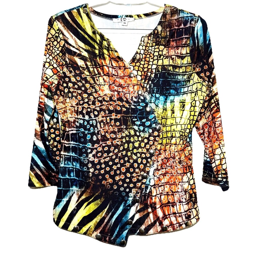IQ Paris Womens Medium Studded Animal Print Top Asymmetrical 3/4 Sleeve